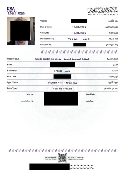 Official Saudi e-Visa sample issued by the Saudi Digital Embassy